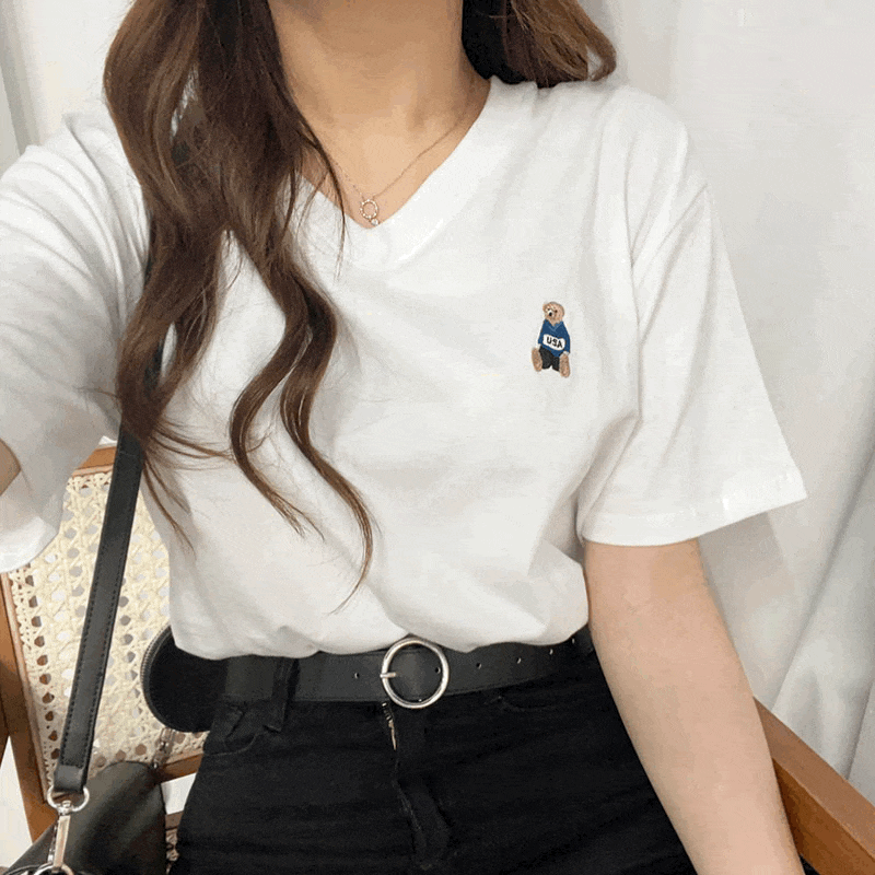 [최저가] usa곰돌이 박시핏 반팔 브이넥 티셔츠 - top (5 colors)