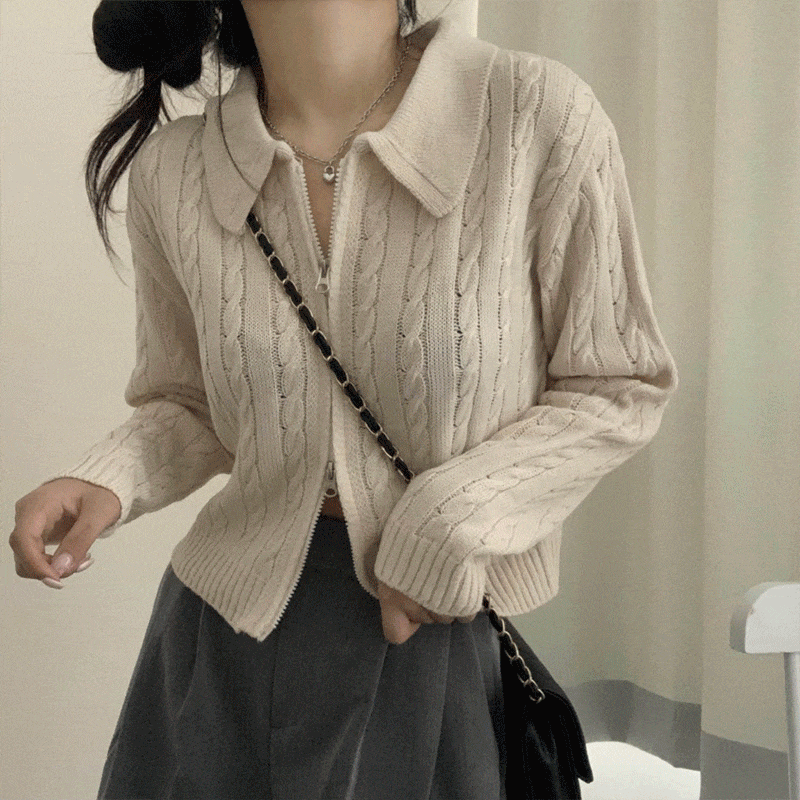 [당일출고🚀] 니뜨 투웨이 꽈배기 카라 긴팔 니트 집업 - knit (4 colors)